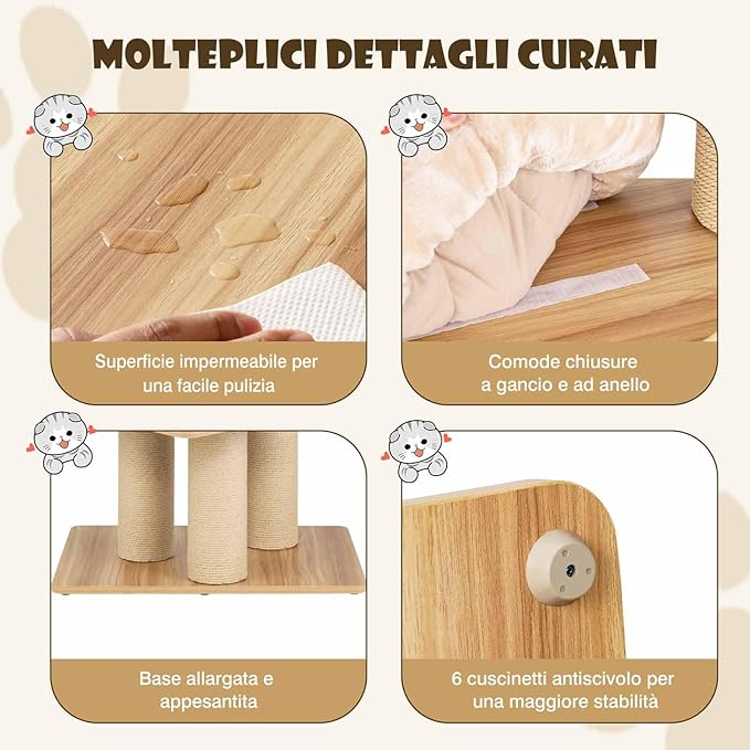 Albero Tiragraffi per Gatti Alto 191 cm, Tiragraffi per Gatti Multistrato con Nicchia in Legno, Trespolo Spazioso, Amaca, Nido, Pali, Tiragraffi e Materassini Lavabili