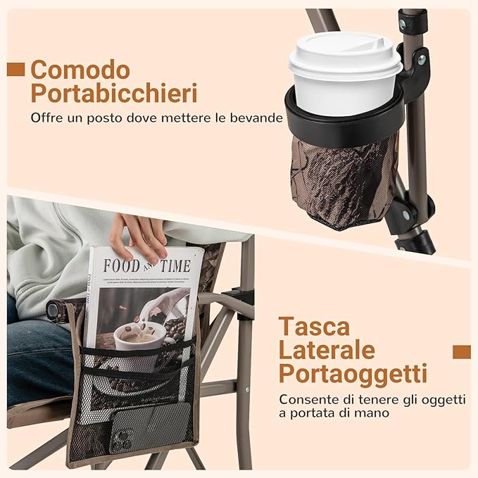 Sedia Pieghevole da Campeggio, Sedia Mare Spiaggia con Portabicchieri e Tasca in Rete, Piedini Regolabili e Borsa di Trasporto, Portata 180 kg, per Pesca, Picinic e Caccia
