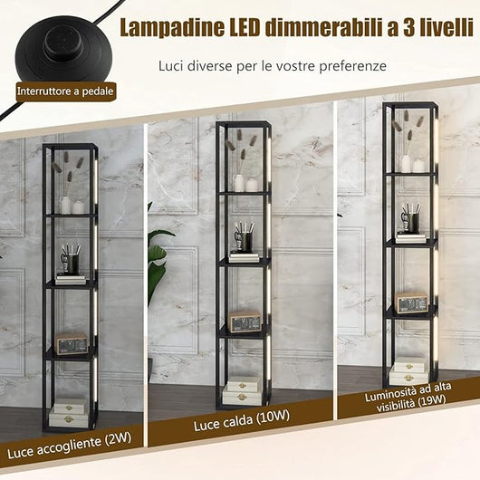 Lampada da Terra con Mensola, Lampadine LED Dimmerabili a 3 Livelli e Poli LED Ruotabili, Piantana Lampada da Terra per Soggiorno, Studio e Camera da Letto