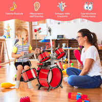 Set di Batteria per Bambini, Batteria Jazz con Tastiera Microfono e Leggio, Strumento Elettrico con Sgabello, Regalo per Bambini 3+ Anni, Rosso