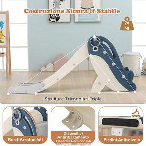 4 in 1 Scivolo per Bambini, Set da Giocattolo Arrampicata con Canestro da Basket Lancio Palla ed Anelli, Scivolo Pieghevole da Interno ed Esterno per Bambini 3 Anni +