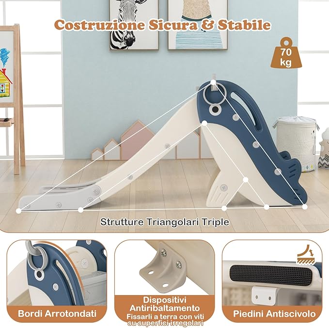 4 in 1 Scivolo per Bambini, Set da Giocattolo Arrampicata con Canestro da Basket Lancio Palla ed Anelli, Scivolo Pieghevole da Interno ed Esterno per Bambini 3 Anni +