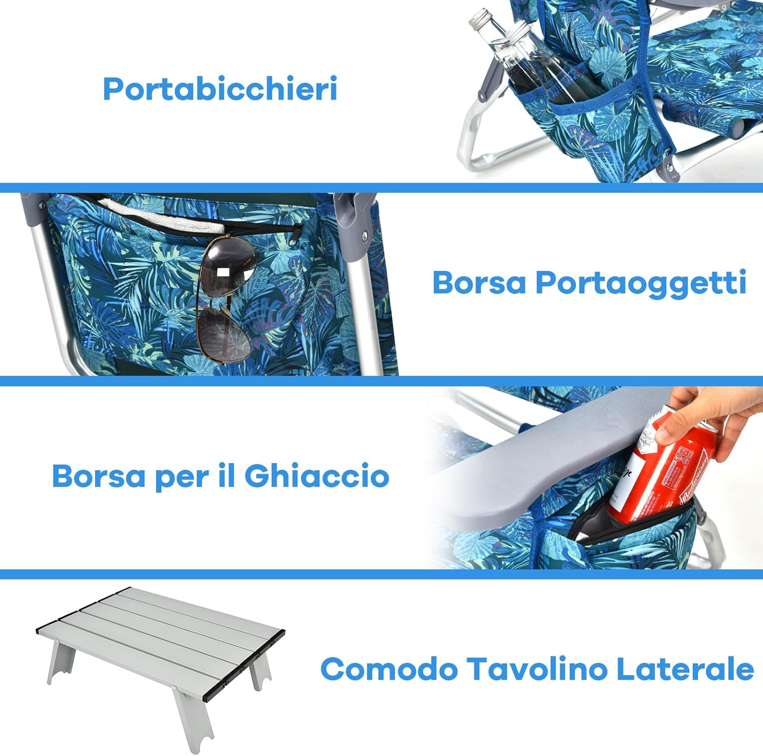 Set di Sedie da Spiaggia e Tavolino, Sedie da Esterno Reclinabili con Tavolino da Campeggio, Set di Tavolino in Alluminio e 2 Sedie Pieghevoli da Spiaggia a 5 Posizioni (Blu Navy)