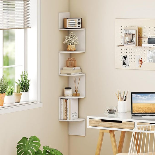 Scaffale Angolare a 5 Livelli, Scaffale Sospeso a Muro, Organizzatore di Stoccaggio a Parete, Espositore in Legno per Soggiorno Camera da Letto e Cucina, 20 x 20 x 126 cm (Bianco)