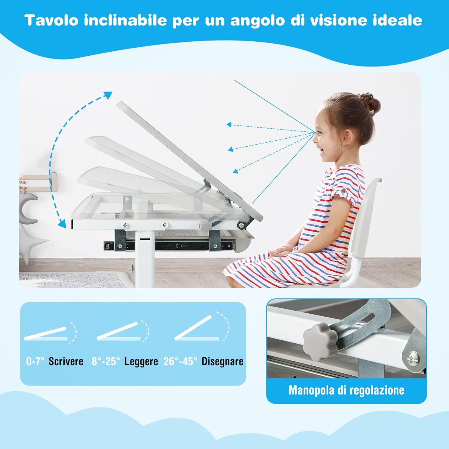 Set Scrivania e Sedia per Bambini, Set Tavolo con Altezza Regolabile per Bambini, Tavolo per Studiare con Superficie Inclinabile (Grigio)