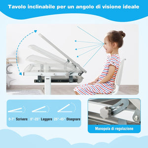 Set Scrivania e Sedia per Bambini, Set Tavolo con Altezza Regolabile per Bambini, Tavolo per Studiare con Superficie Inclinabile (Grigio)