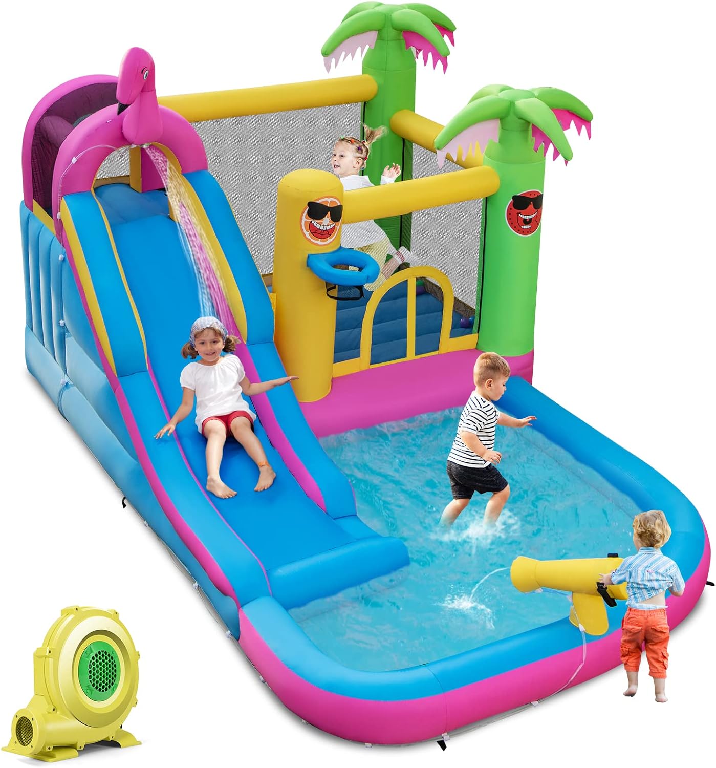 Castello Gonfiabile Fenicottero con Soffiatore 680W, Gonfiabile per Bambini con Scivolo, Area di Salto, Piscina e 50 Palline, Spruzzi, Arrampicata, Cannone e Canestro, 300 x 450 x 260 cm