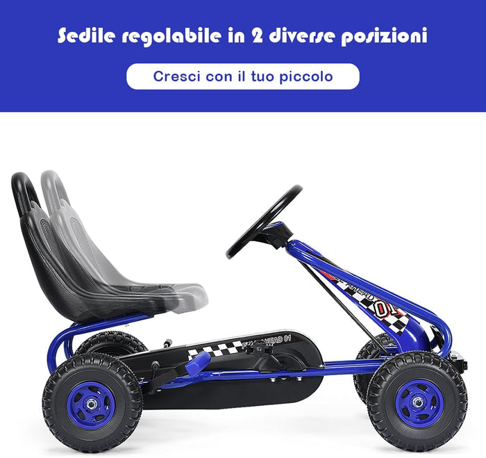 Go Kart a Pedali per Bambini, Go Kart Veicolo con Sedile Regolabile e Freno a Mano, per Bambini 3-6 Anni, Portata Massima 30 kg (Blu)