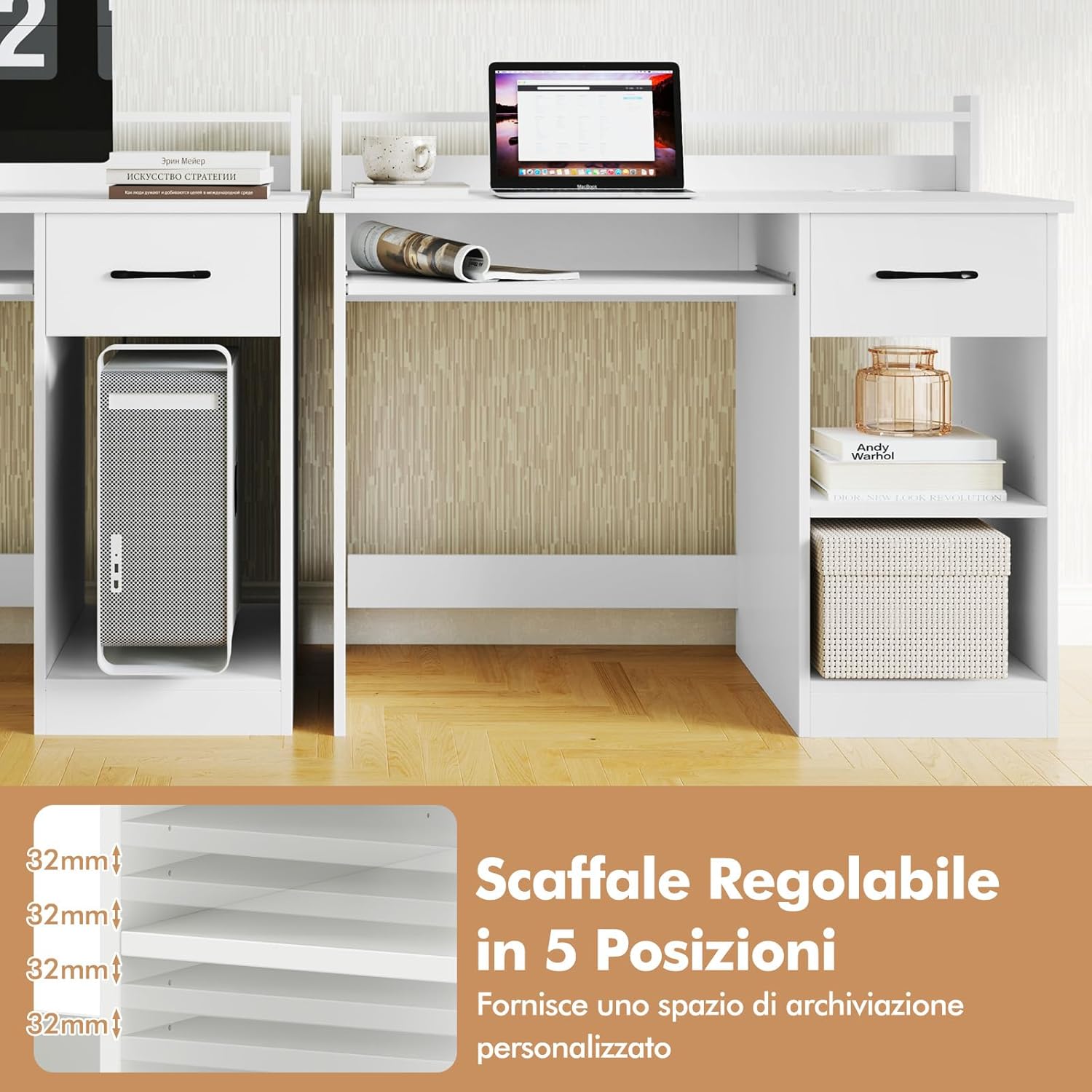 Scrivania per Computer con 2 Prese di Corrente e Prese USB, Scrivania Ufficio con Cassetto e Ripiano Estraibile per Tastiera, Scrivania Gaming con Ripiano Regolabile, 105 x 55 x 89 cm, Bianco