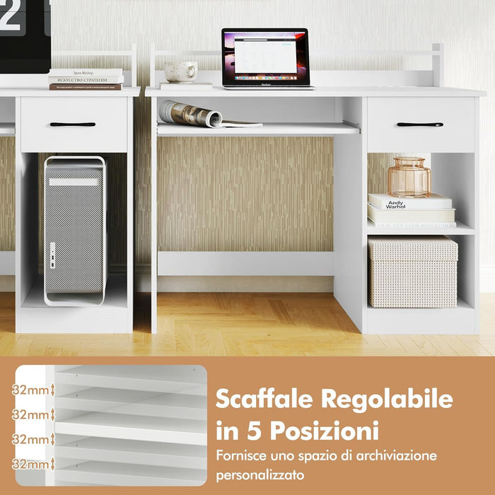 Scrivania per Computer con 2 Prese di Corrente e Prese USB, Scrivania Ufficio con Cassetto e Ripiano Estraibile per Tastiera, Scrivania Gaming con Ripiano Regolabile, 105 x 55 x 89 cm, Bianco