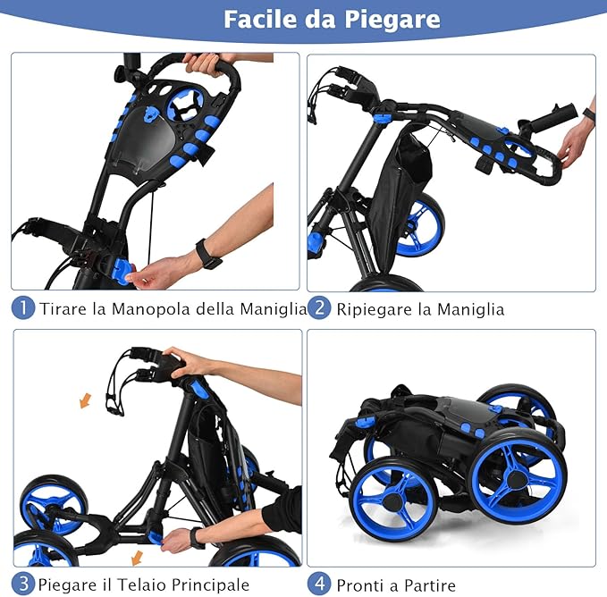 Carrello da Golf a Spinta e a Trazione, Carrello Golf Pieghevole Leggero a 4 Ruote con Borsa Impermeabile, Freno a Pedale, Porta Tazza e Porta Ombrello Regolabile(Blu)