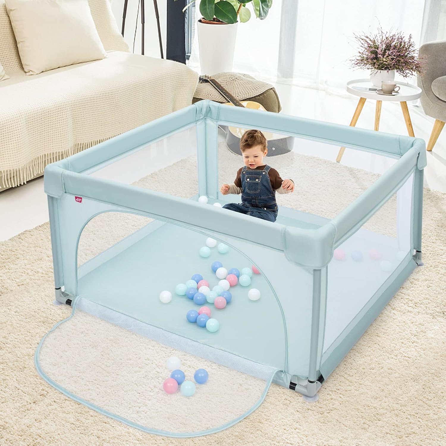 Box per Bambini, Centro Attivit¨¤ Portatile con Cancelli di Sicurezza con Ventose Antiscivolo, Pareti a Rete Traspirante e 2 Anelli per Bambini, con 50 Palline (Azzurro chiaro)