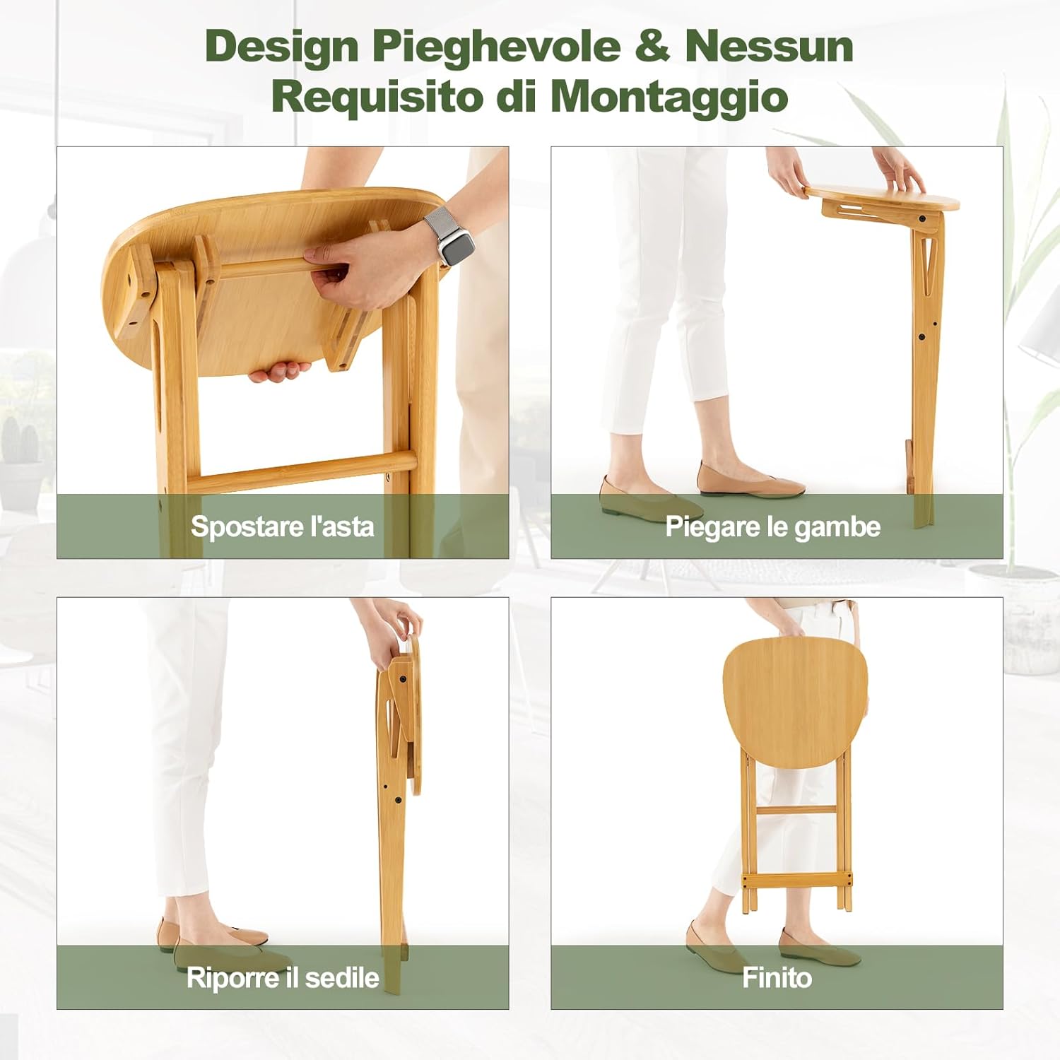 Set di 2 Sgabelli Pieghevoli Alti, Sgabelli Bar in Bambù Leggeri e Portatili con Poggiapiedi e Sedile Ampio, Sgabelli Alti da Bar Penisola Cucina, 36 x 33 x 61 cm