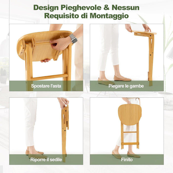 Set di 2 Sgabelli Pieghevoli Alti, Sgabelli Bar in Bambù Leggeri e Portatili con Poggiapiedi e Sedile Ampio, Sgabelli Alti da Bar Penisola Cucina, 36 x 33 x 61 cm