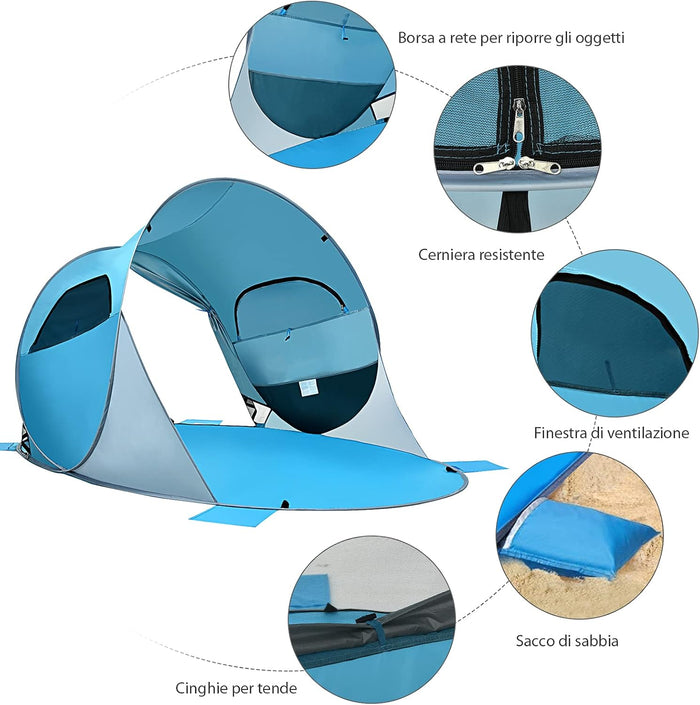 Tenda da Spiaggia per 3-4 Persone,Tenda Pop Up Portatile con Protezione Solare, con 2 Finestre a Rete, per Attivita all’Esterno