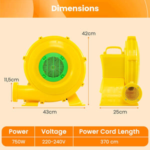Ventilatore di Aria del Castello Gonfiabile, Soffiatore per Giochi Gonfiabili con Cavo di Alimentazione, Picchetti da Terreno, per Castello Gonfiabile, Scivolo Acquatico (750W)
