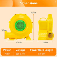 Ventilatore di Aria del Castello Gonfiabile, Soffiatore per Giochi Gonfiabili con Cavo di Alimentazione, Picchetti da Terreno, per Castello Gonfiabile, Scivolo Acquatico (750W)
