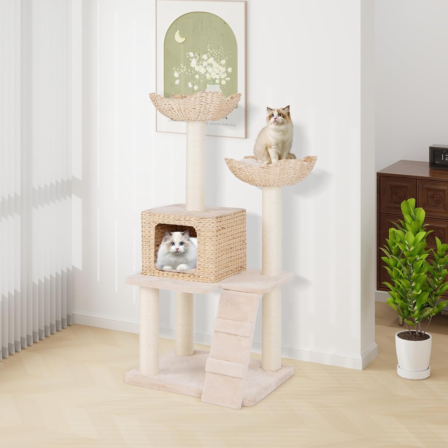 Tiragraffi per Gatti 122cm, Albero per Gatti con Posti per Graffiare in Sisal, Cuccia in Velluto a Coste, Scala e Cuscini Lavabili, Torre Cattail per Animali Domestici, Beige e Naturale