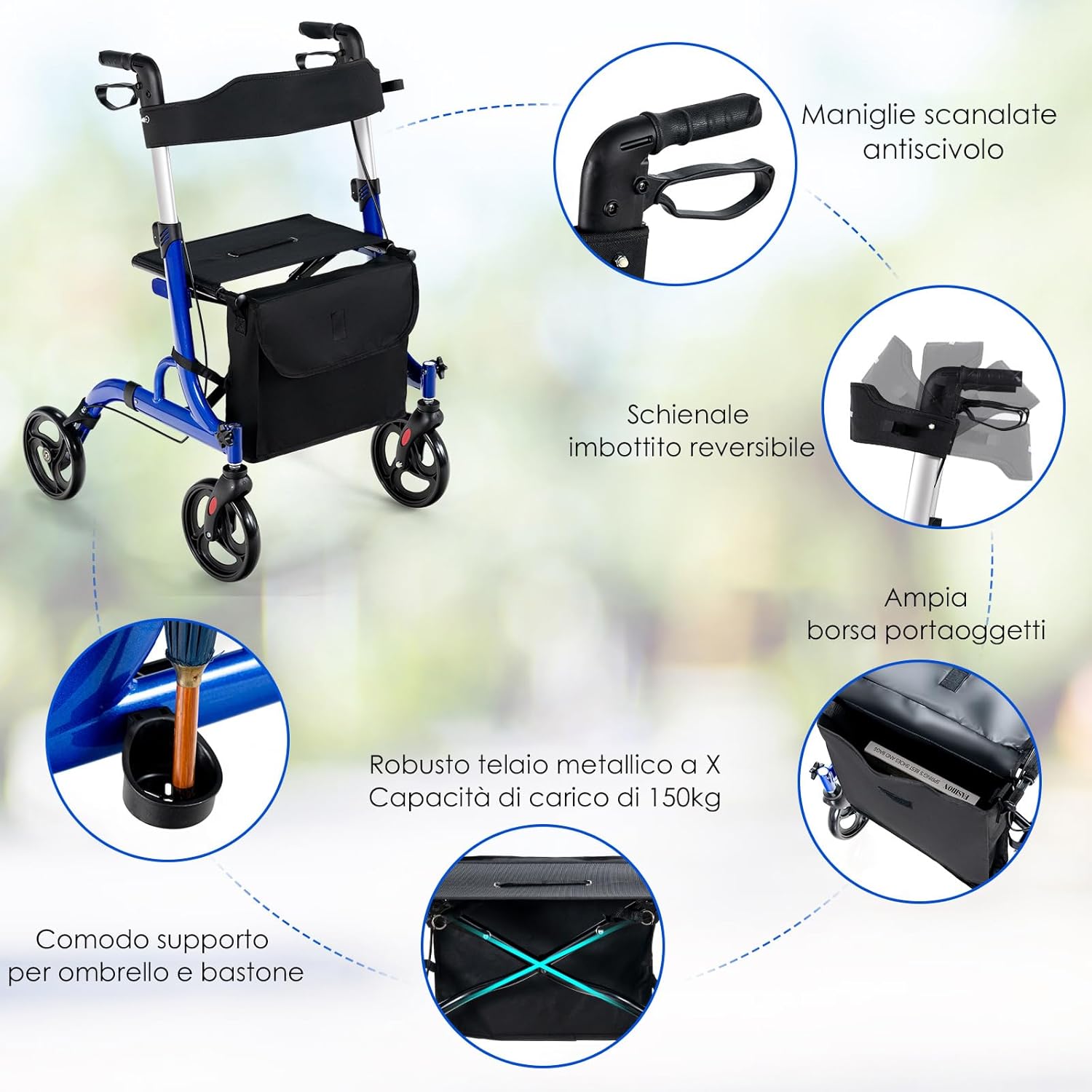 Deambulatore con Seduta 2 in 1, Rollator Pieghevole, Deambulatore per Anziani con 4 Ruote, Maniglie Regolabili Freni, con Doppia Funzione Schienale Reversibile e Borsa Portaoggetti (Blu)