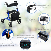 Deambulatore con Seduta 2 in 1, Rollator Pieghevole, Deambulatore per Anziani con 4 Ruote, Maniglie Regolabili Freni, con Doppia Funzione Schienale Reversibile e Borsa Portaoggetti (Blu)