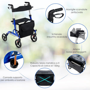 Deambulatore con Seduta 2 in 1, Rollator Pieghevole, Deambulatore per Anziani con 4 Ruote, Maniglie Regolabili Freni, con Doppia Funzione Schienale Reversibile e Borsa Portaoggetti (Blu)