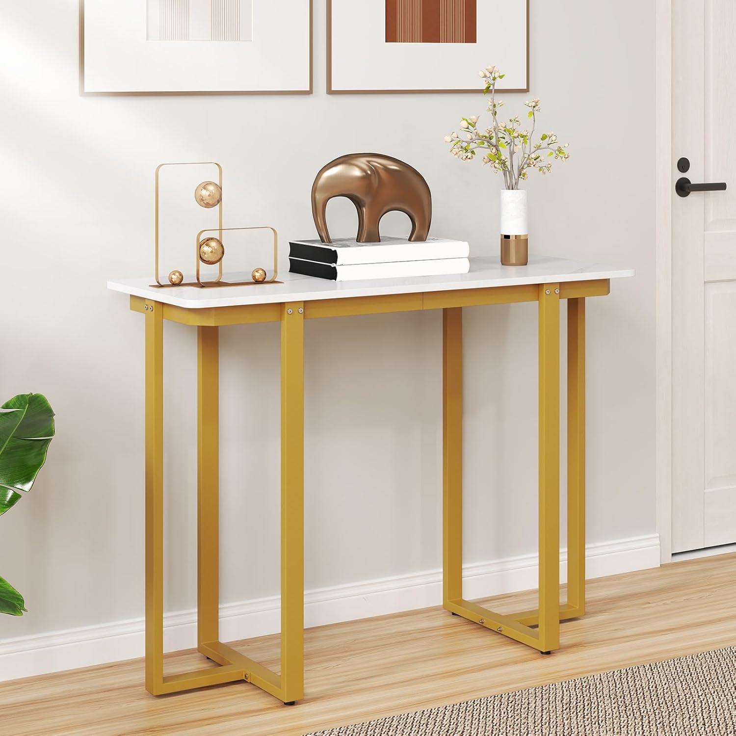 Tavolo Consolle, Tavolo d'Ingresso Moderno in Marmo Finto con Telaio Geometrico in Metallo, Tavolo Stretto per Soggiorno, Corridoio e Ingresso, 107 x 40 x 79,5 cm (Oro e bianco)