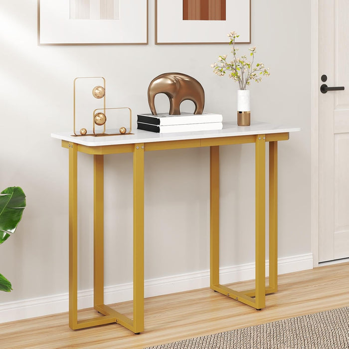 Tavolo Consolle, Tavolo d'Ingresso Moderno in Marmo Finto con Telaio Geometrico in Metallo, Tavolo Stretto per Soggiorno, Corridoio e Ingresso, 107 x 40 x 79,5 cm (Oro e bianco)
