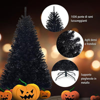 Albero di Natale Nero 180/225 cm, Albero di Natale con 1036/1258 Rami Folti e Base di Metallo con Cuscinetti Antiscivolo, Albero di Natale Realistico per Halloween (180x Ø112cm)