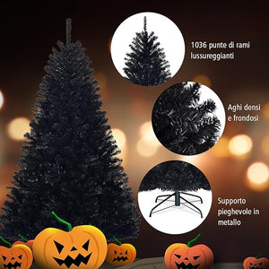 Albero di Natale Nero 180/225 cm, Albero di Natale con 1036/1258 Rami Folti e Base di Metallo con Cuscinetti Antiscivolo, Albero di Natale Realistico per Halloween (180x Ø112cm)