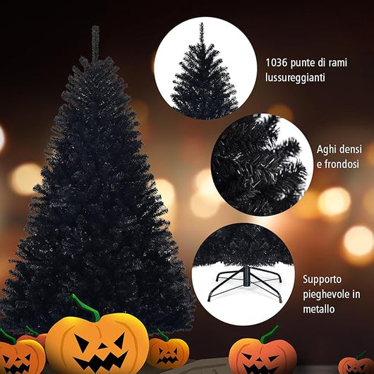 Albero di Natale Nero 180/225 cm, Albero di Natale con 1036/1258 Rami Folti e Base di Metallo con Cuscinetti Antiscivolo, Albero di Natale Realistico per Halloween (180x Ø112cm)