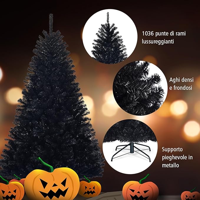 Albero di Natale Nero 180/225 cm, Albero di Natale con 1036/1258 Rami Folti e Base di Metallo con Cuscinetti Antiscivolo, Albero di Natale Realistico per Halloween (180x Ø112cm)