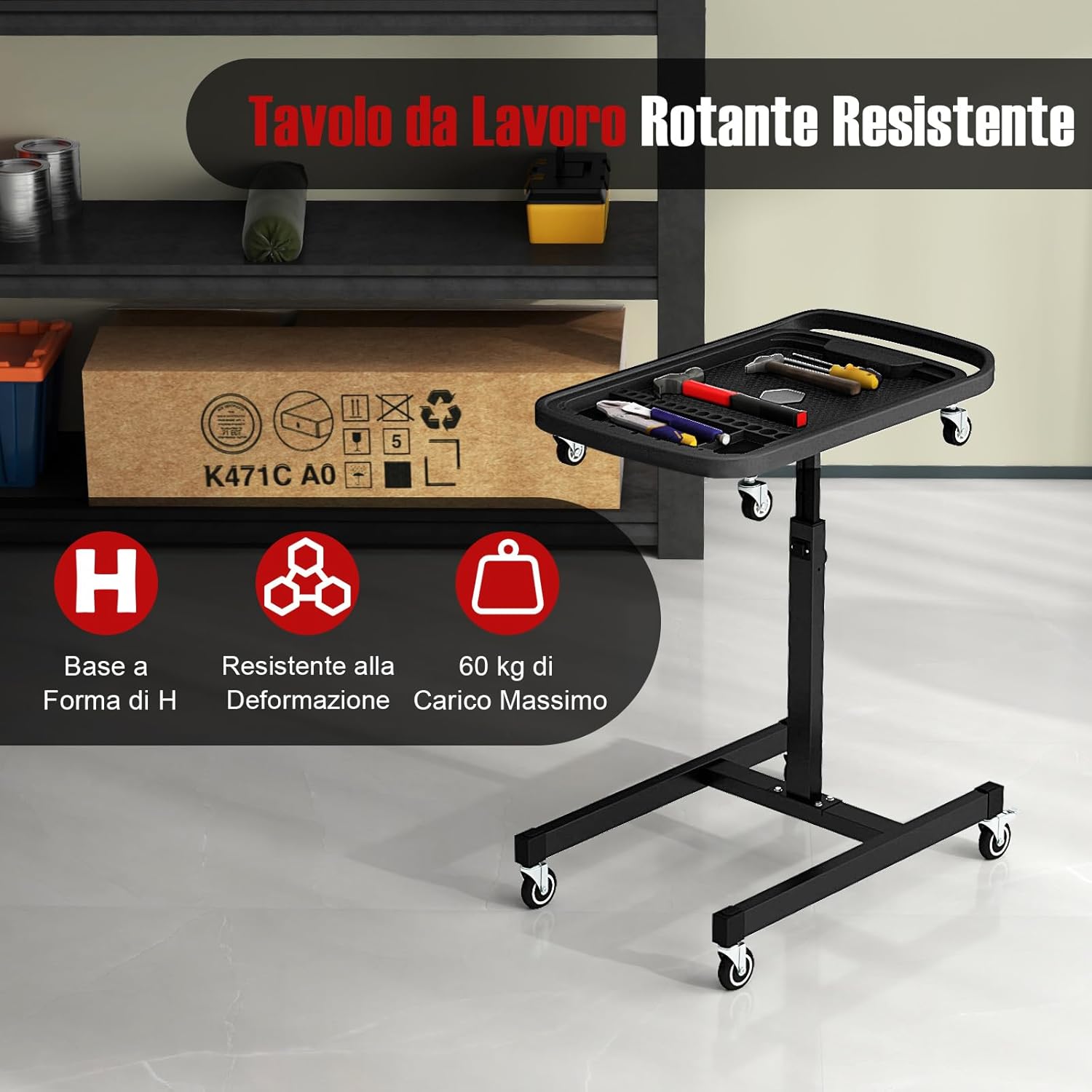 Vassoio Organizer per Attrezzi 2-in-1 con 4 Ruote, Carrello Porta Attrezzi Regolabile in Altezza con Vassoio, Carrello per Attrezzi da Meccanico Portatile per Garage e Officina, Nero
