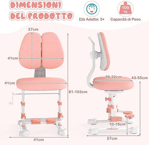 Sedia da Studio per Bambini, Poltrona Ergonomica da Scrivania con Schienale Doppio Regolabile e Poggiapiedi, Sedia Regolabile in Altezza Senza Braccioli per Bambini 3+ Anni (Rosa)