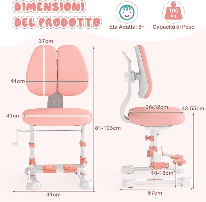Sedia da Studio per Bambini, Poltrona Ergonomica da Scrivania con Schienale Doppio Regolabile e Poggiapiedi, Sedia Regolabile in Altezza Senza Braccioli per Bambini 3+ Anni (Rosa)