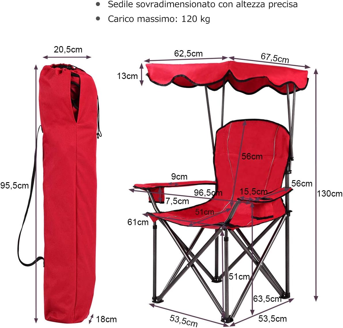 Sedia da Campeggio con Parasole, Sedia Pieghevole da Spiaggia con Portabicchieri, Braccioli, Leggerae e Portatile, Max Portata 120kg (Rosso)