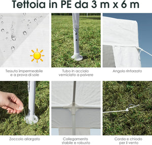 Tendone per Feste 3 M x 6 M, Gazebo da Giardino con Struttura in Metallo, Impermeabile e Protezione UV, per Feste, Barbecue, Giardino e Spiaggia, Bianco
