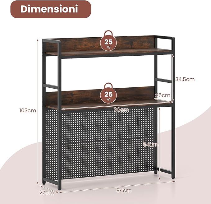 Libreria da Scrivania a 2 Livelli, Scaffale da Tavolo Industriale per Monitor di Computer Fino a 32", Organizzatore di Stoccaggio con Pegboard, per Dormitorio Ufficio e Casa, 94x27x103 cm