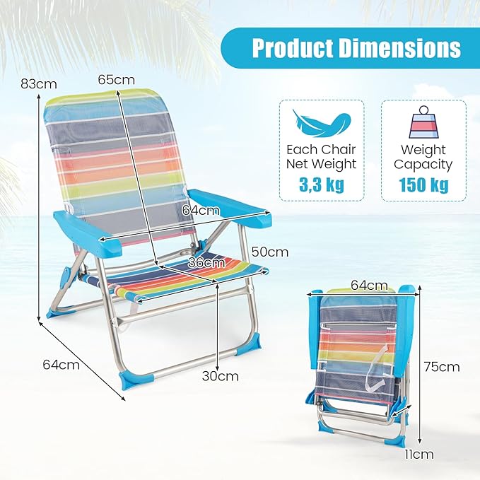 Set di 2 Sedie da Spiaggia, Sedia da Picnic Pieghevole con Braccioli, Schienale Regolabile a 4 Posizioni, Poltrona da in Alluminio Portatile per Pesca, Campeggio (64 cm x 64 cm x 83 cm)