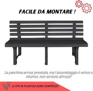 Panchina 3 Posti Da Esterno E Interno, Panchina Da Giardino In Plastica, Comoda E Resistente colore antracite Tomaino