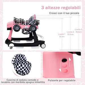 Girello per Bambini 4 in 1, Girello Pieghevole con Altezza e Velocità Regolabili, Carillon con Luci, Volante, Primi Passi per Bambini 6-18 Mesi, Portata 15 kg (Rosa)