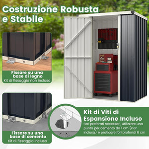Casetta da Giardino 1 m², Capanno Attrezzi in Metallo Zincato con Porta Bloccabile e Tetto Inclinato, Struttura a Scatto Pratica, Armadio da Esterno con Kit di Viti di Espansione e Tappo