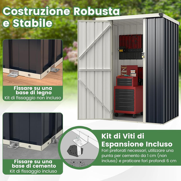 Casetta da Giardino 1 m², Capanno Attrezzi in Metallo Zincato con Porta Bloccabile e Tetto Inclinato, Struttura a Scatto Pratica, Armadio da Esterno con Kit di Viti di Espansione e Tappo
