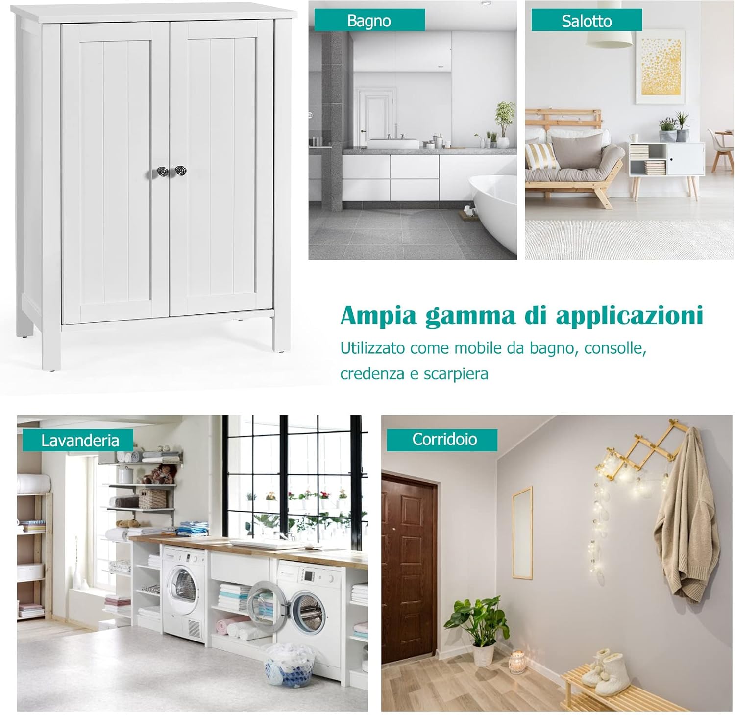 Mobile Bagno con Ripiani 60 x 30 x 80,5 cm, Mobiletto Multiuso con Doppia Anta e Mensola Regolabile, Mobile a Terra Salvaspazio per Casa, Soggiorno e Corridoio (Bianco)