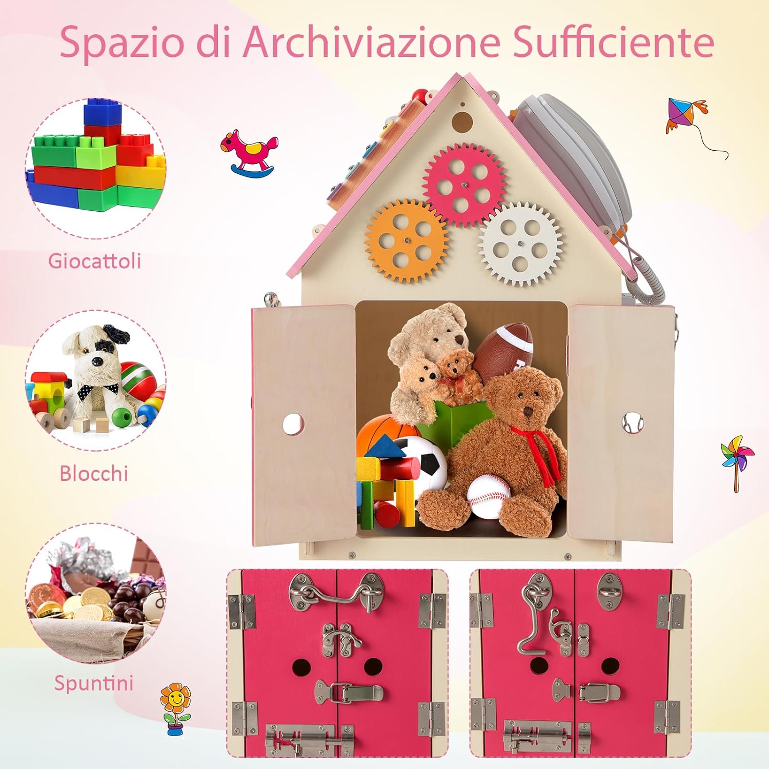 Occupato Montessori per Bambini, Casa da Gioco Montessori con Giochi Sensoriali e Spazio Interno, Giocattolo Educativo e Regalo per Bambini 3 Anni+ (Rosa)