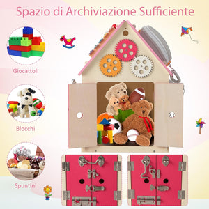 Occupato Montessori per Bambini, Casa da Gioco Montessori con Giochi Sensoriali e Spazio Interno, Giocattolo Educativo e Regalo per Bambini 3 Anni+ (Rosa)