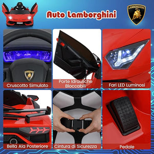 12V Lamborghini Macchina Elettrica per Bambini, Veicolo Elettrico con Telecomando Sospensione a Molla Luci LED MP3, 3-5 km/h, per Bambini 3 Anni+ (Rosso)