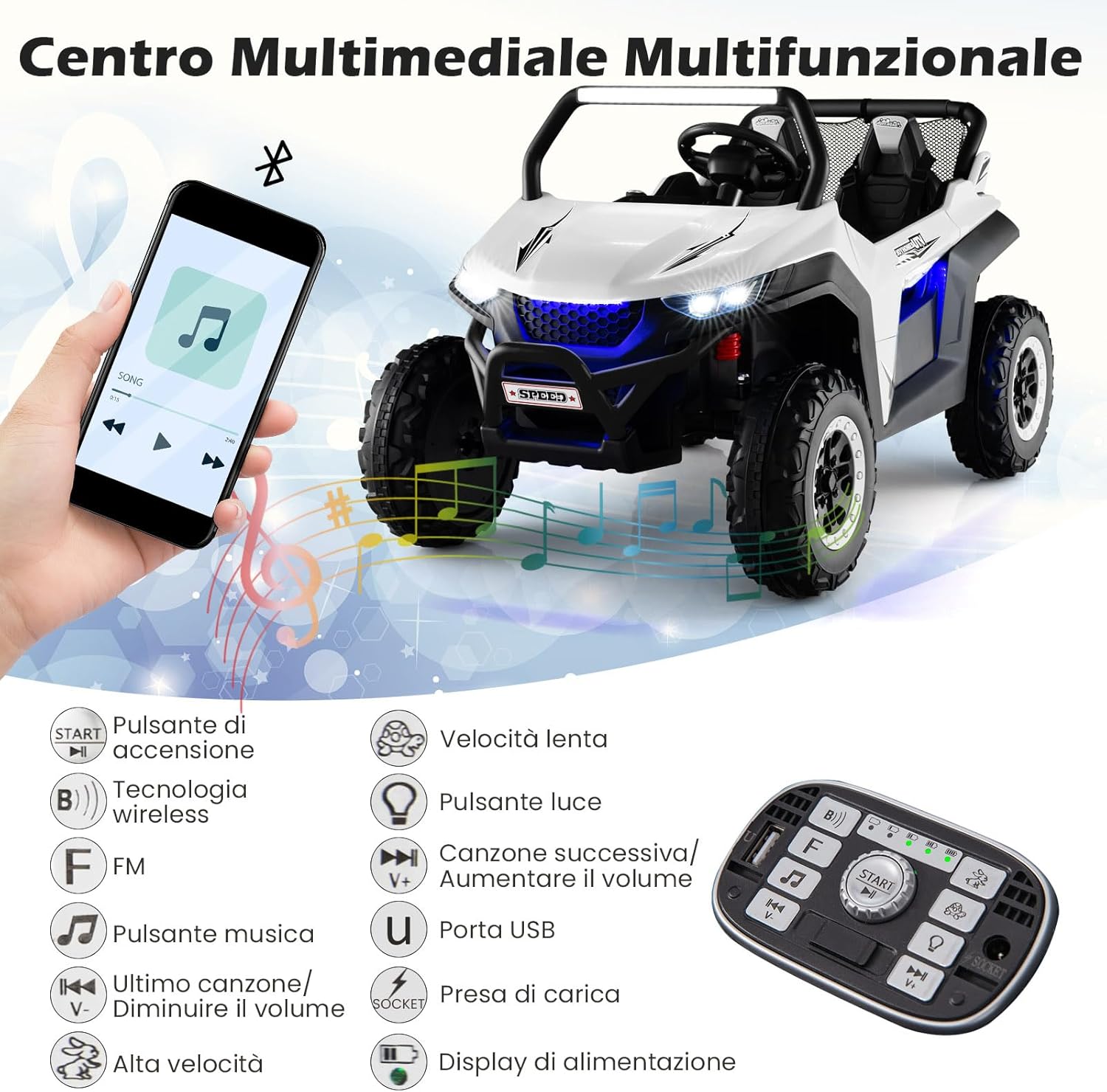 12V Auto Elettrico per Bambini, Macchina Fuoristrada a 2 Posti, Macchina Elettrica con Luci Suoni, Regalo per Bambini 3-8 Anni, 118x74x71 cm (Bianco)