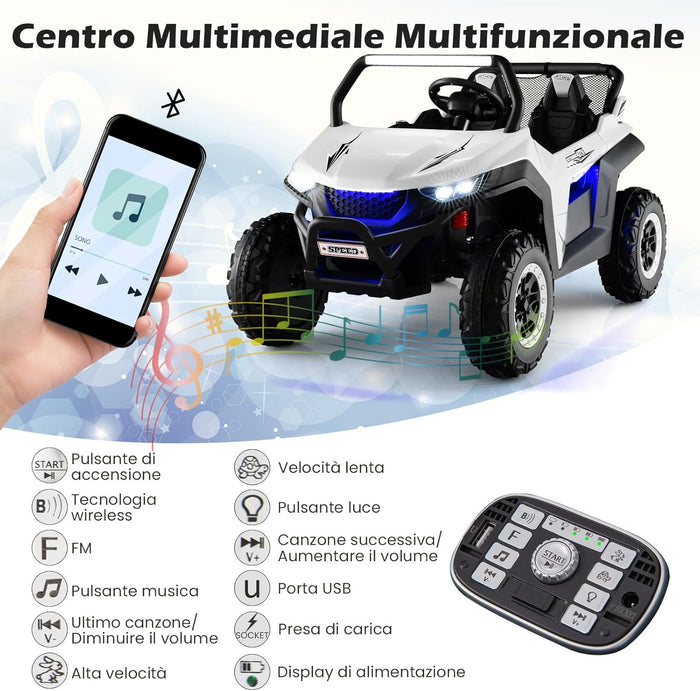 12V Auto Elettrico per Bambini, Macchina Fuoristrada a 2 Posti, Macchina Elettrica con Luci Suoni, Regalo per Bambini 3-8 Anni, 118x74x71 cm (Bianco)