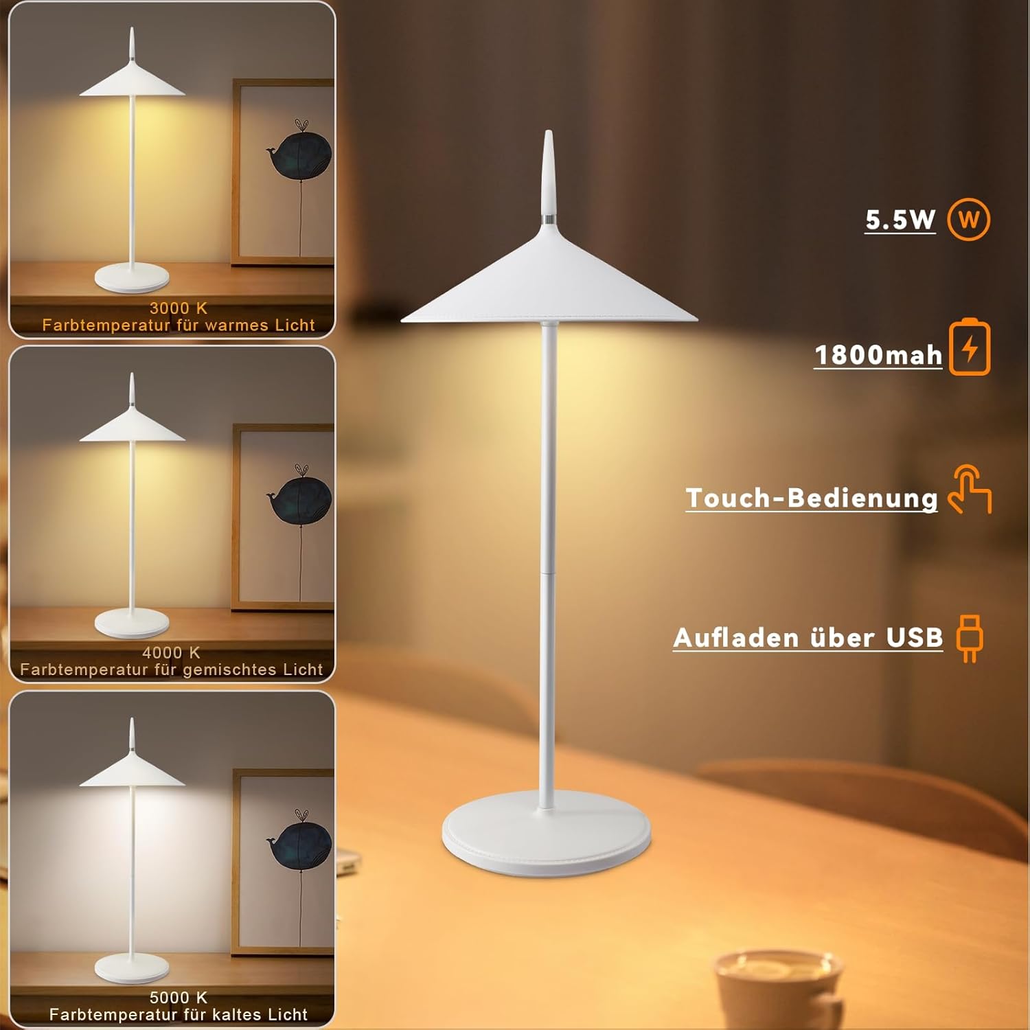 ZMH Lampada da tavolo LED moderna ricaricabile touch dimmerabile per esterni giardino