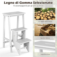 Scaletta Pieghevole, 3 in 1 Scaletta e Sgabello in Legno di Gomma Multifunzione, 3 Gradini, Reversibili Impugnatura, Capacità di Carico 310 kg, Ideale per Studio, Soggiorno (Bianco)